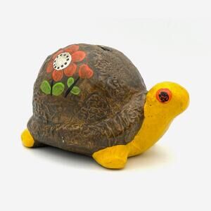 Vintage 1970s Ceramic Turtle Coin Bank Hippie Boho Flowers READ